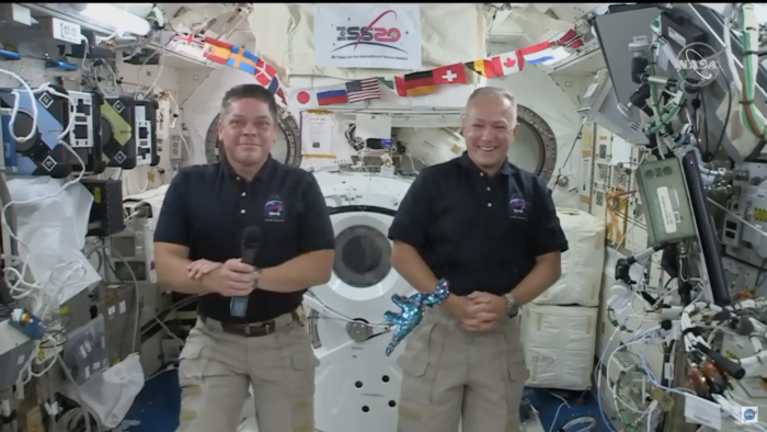Bob Behnken and Doug Hurley answer questions from the media aboard the International Space Station.  (Image credit: NASA)