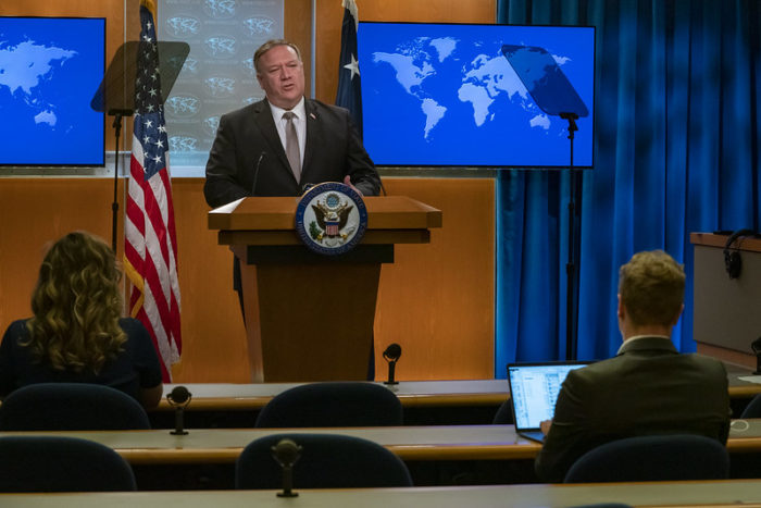 US Secretary of State Mike Pompeo, shown here speaking to the media, declared in a press statement that Beijing’s maritime claims in South China Sea are completely unlawful.